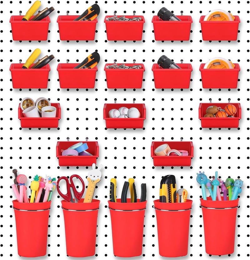 Yookeer 20 Pcs Pegboard Bins and Cups with Hooks and Loops Peg Assortment Organizer Accessories Various Tool Organizer Pegboard Baskets Set for Garage Workshop Workbench Office(Red) - Image 1